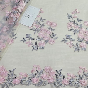 Tessuto di pizzo ricamato rosa grigio tagliato su misura, tessuto di pizzo di tulle ricamato, tessuto di pizzo da sposa, pizzo da sposa, pizzo alencon, LK87002
