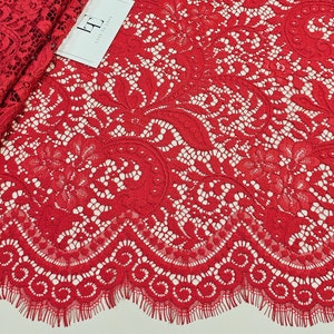 Tessuto di pizzo rosso alencon per abito da competizione di danza, tessuto di pizzo ciglia rosso Guipure pesante, venduto tagliato su misura, L77728