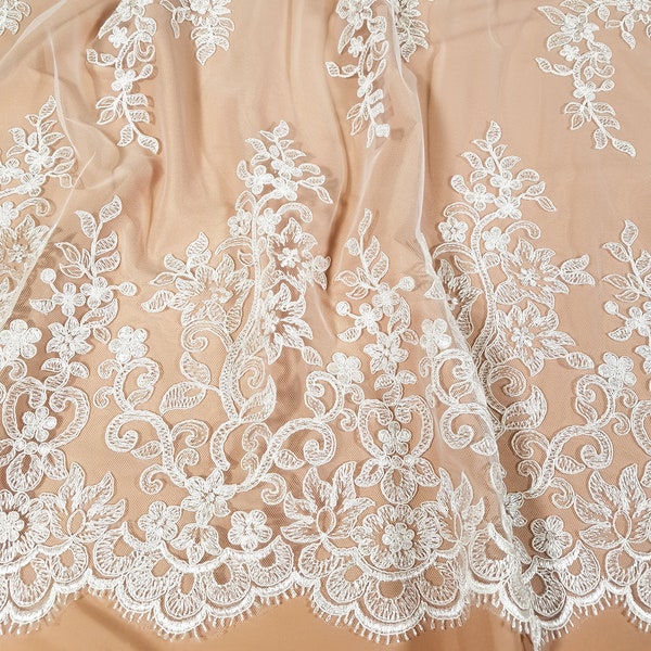 Ivory lace fabric by the yard French Lace Embroidered lace Wedding Lace Bridal lace White Lace Veil lace Lingerie Lace Alencon Lace EVS020B