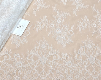 Off white lace fabric 153 cm (60 inches) wide, light ivory French Chantilly eyelash bridal wedding veil lace, sold per meters EVS83325