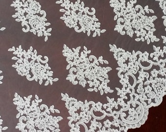 Ivory lace fabric, Embroidered lace, French Lace, Wedding Lace, Bridal lace, White Lace, Veil lace, Lingerie Lace, Alencon Lace KSBY61575C_1