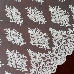 Tela de encaje de marfil, encaje bordado, encaje francés, encaje de boda, encaje nupcial, encaje blanco, encaje de velo, encaje de lencería, encaje de Alencon KSBY61575C_1