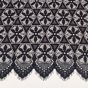 Zwarte geometrische kantstof, Spaans Alencon-kantmateriaal, sluierkant bruidsjurk, geborduurd kant, lingeriekant, J663391