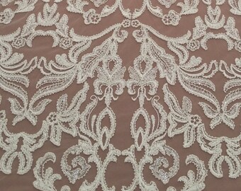 Beaded ivory wedding lace fabric from lace to love, French Chantilly lace, sold by the yard, embroidered bridal lace, white lace EVS011LB