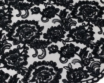 Tela de encaje con cuentas negras, encaje de lentejuelas, encaje francés con cuentas, encaje de Alençon, encaje nupcial, encaje para bodas, encaje bordado, encaje floral EVS067CB