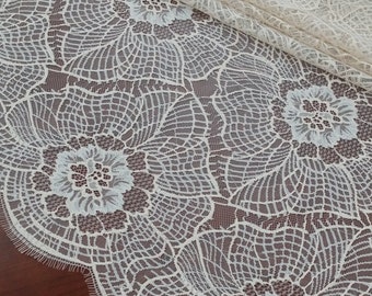 Beige lace fabric, French lace, Chantilly lace Bridal lace Wedding lace White lace Veil lace Scalloped Floral lace Lingerie lace L69691