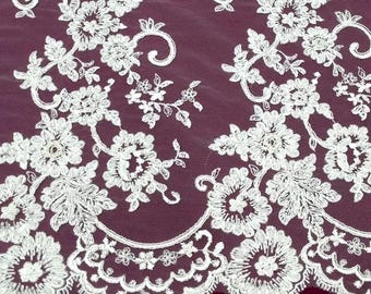 Beaded ivory lace fabric, sequin lace, French lace, chantilly lace, bridal lace, wedding lace white lace embroidered floral lace KSBY61856CB
