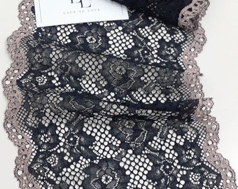 Black with beige stretch lace Trim, Elastic lace trim, Chantilly Lace, French Lace, Bridal lace, Scalloped Eyelash lace Lingerie Lace L98991