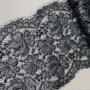 Adorno de encaje negro con brillo plateado, borde de encaje plateado brillante, borde de encaje para vestido de novia, vendido por metros, LJ43331