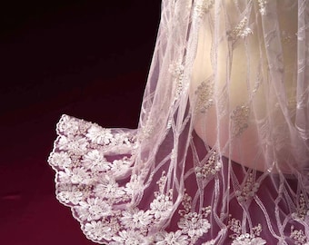 Beaded ivory lace fabric, Sequin lace, French lace, Alencon lace, Bridal lace, Wedding lace White lace Embroidered Floral lace EVS077B