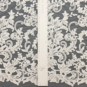 May include: Off-white lace fabric featuring an intricate floral and scroll pattern with embroidered details. A white ruler is placed vertically over the fabric, showing measurements in both inches and centimeters for scale reference.