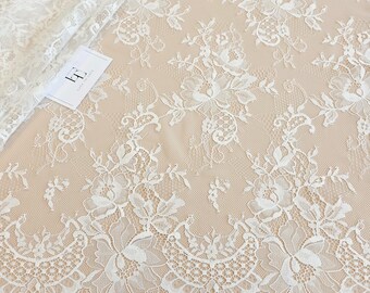 Ivory zarte französische Spitze Stoff, Chantilly Wimpern Spitze Stoff Meterware EVS228NC