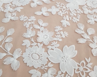 Ivory lace fabric by the yard, lace to love, embroidered 3D French lace fabric, white bridal chantilly lace for wedding dress N20227
