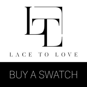May include: Black and white logo for "Lace to Love" with stylized letters "LT". Below the logo is the text "LACE TO LOVE". The bottom section has the text "BUY A SWATCH" in white.