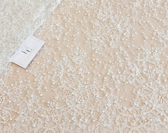 Perlen-Chantilly-Spitzenstoff, ivory-französische Wimpernserum-Brauthochzeits-Spitzenstoff, Perlen-Pailletten-Spitzenstoff, 145 cm breit, EVS233SUA2