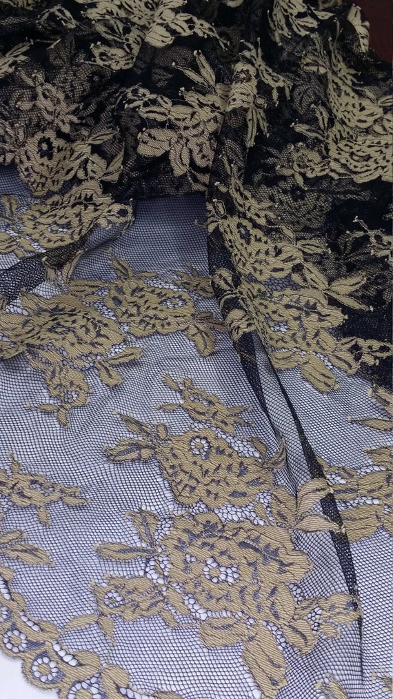 14 Black & Antique Gold Floral Chantilly Lace (Made in France