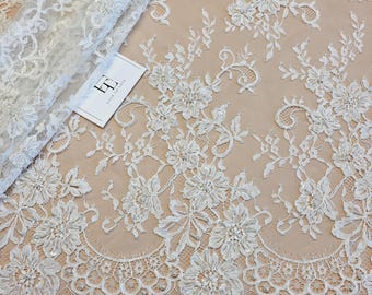 Beaded Chantilly lace fabric, ivory French bridal wedding lace cloth, garter pearl sequin lace material, 145 cm/57 inches wide, EVS215CB
