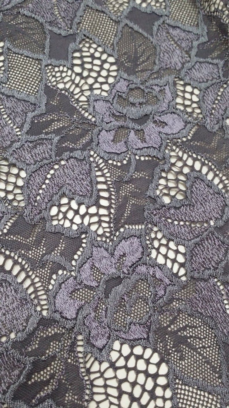 Gray with lilac elastic stretch lace fabric, J30024 image 2