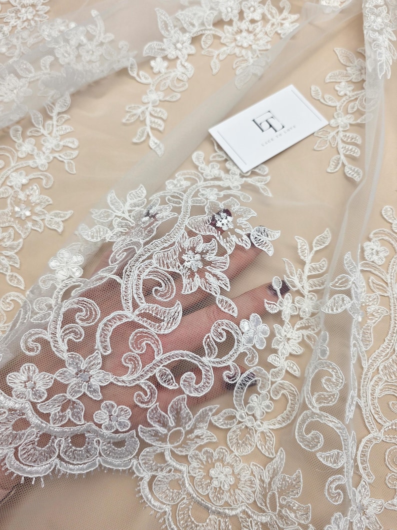 Ivory lace fabric by the yard French Lace Embroidered lace Wedding Lace Bridal lace White Lace Veil lace Lingerie Lace Alencon Lace EVS020B image 17