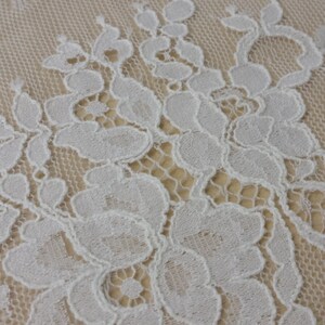 May include: White lace fabric with a delicate floral pattern. The lace is on a sheer mesh background.