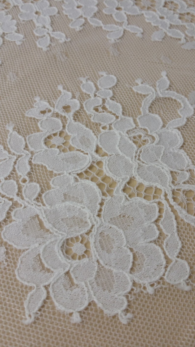 May include: White lace fabric with a delicate floral pattern. The lace is on a sheer mesh background.