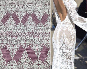 White cotton wedding lace fabric, geometric bridal lace, sold by the meter, EVS055P