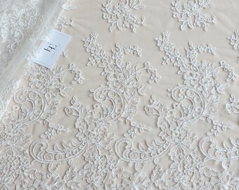 Ivory lace fabric, Embroidered lace, French Lace, Wedding Lace, Bridal lace, White Lace, Veil lace, Lingerie Lace, Alencon Lace KSBY61420C