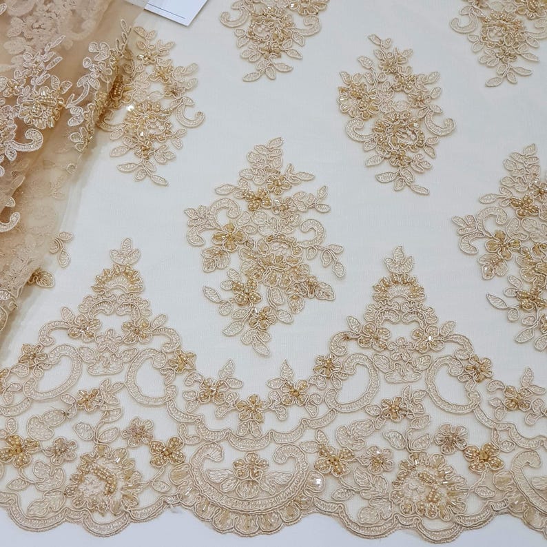 Beige wedding lace fabric embroidered with pearls and beads, skin color bridal lace material sold by the meter, EVS174CB image 1