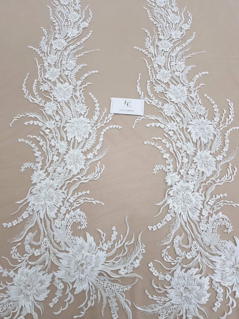 Tela de encaje marfil con cuentas cortada a medida, encaje francés blanco, encaje de novia, encaje de boda, encaje de liga, encaje de perlas, encaje de lentejuelas, encaje con cuentas EVS168CB imagen 1