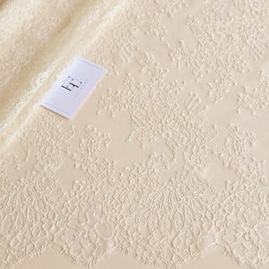 Tela de encaje champán, encaje nupcial Chantilly francés color marfil oscuro, material de encaje para velo de novia con pestañas, encaje de lencería con flores festoneadas, WD6001