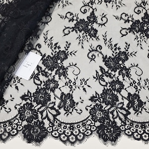 Tessuto in pizzo nero con cordoncino, pizzo francese, pizzo chantilly, pizzo da sposa, pizzo da sposa, pizzo velo, pizzo floreale smerlato EVS084C