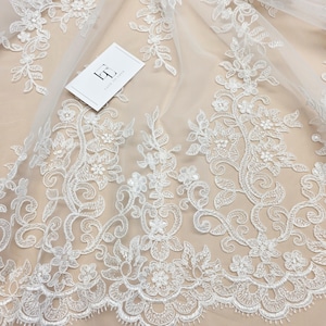 Ivory lace fabric by the yard French Lace Embroidered lace Wedding Lace Bridal lace White Lace Veil lace Lingerie Lace Alencon Lace EVS020B image 16