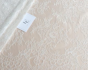 Ivory delicate French lace fabric, Chantilly lace fabric by the yard WD6019