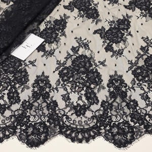 Tejido de encaje negro con cordón, encaje Chantilly francés, encaje nupcial, encaje festoneado, encaje de velo de pestañas florales, vendido por metros, EVS192C