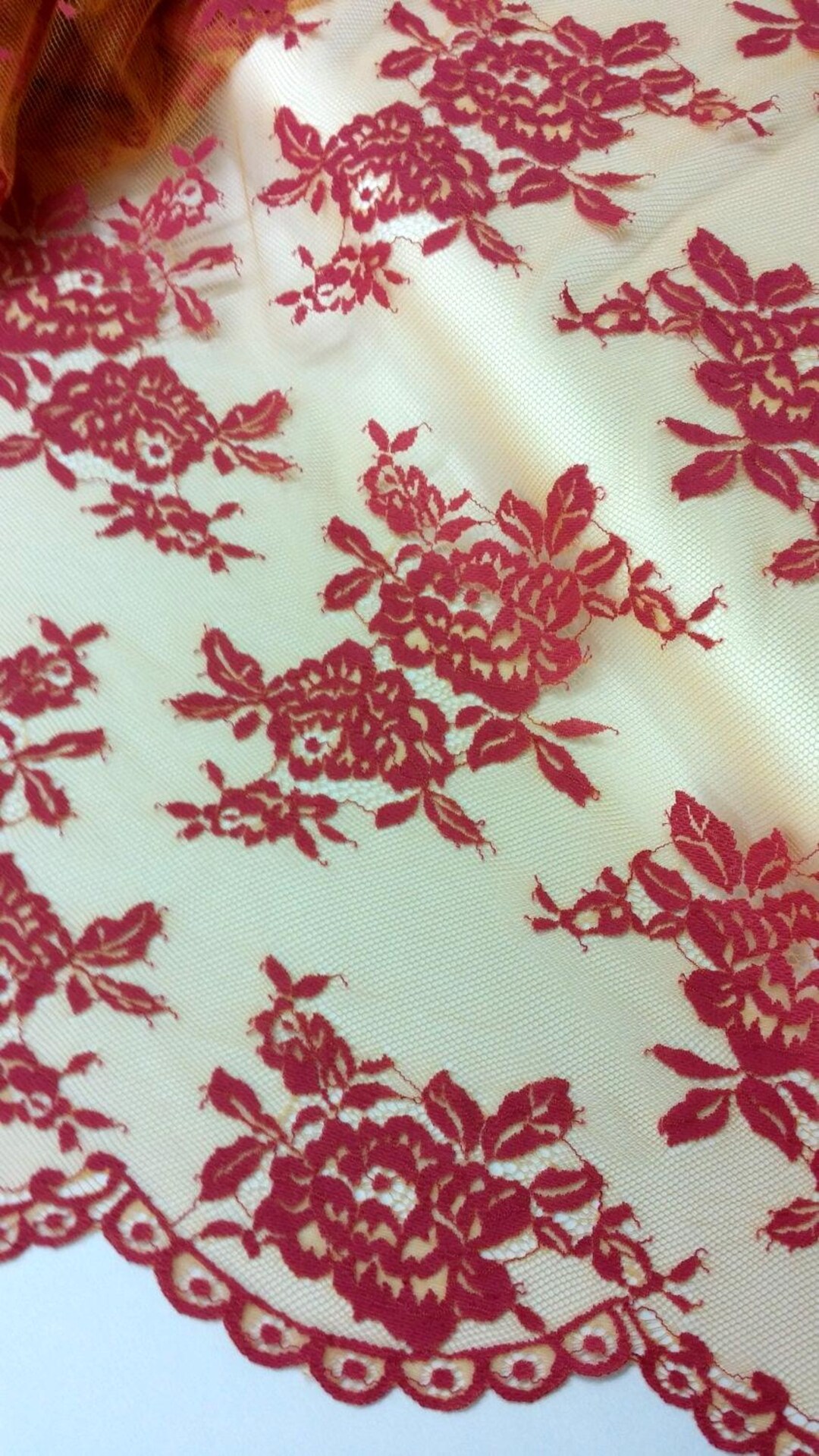 Orange Pink Lace Fabric French Lace, Chantilly Lace, Bridal Lace
