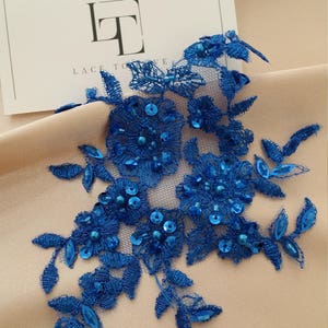 Aplique azul, Aplique de encaje con cuentas, Aplique de encaje Chantilly francés, Aplique de encaje nupcial 3D, M0047