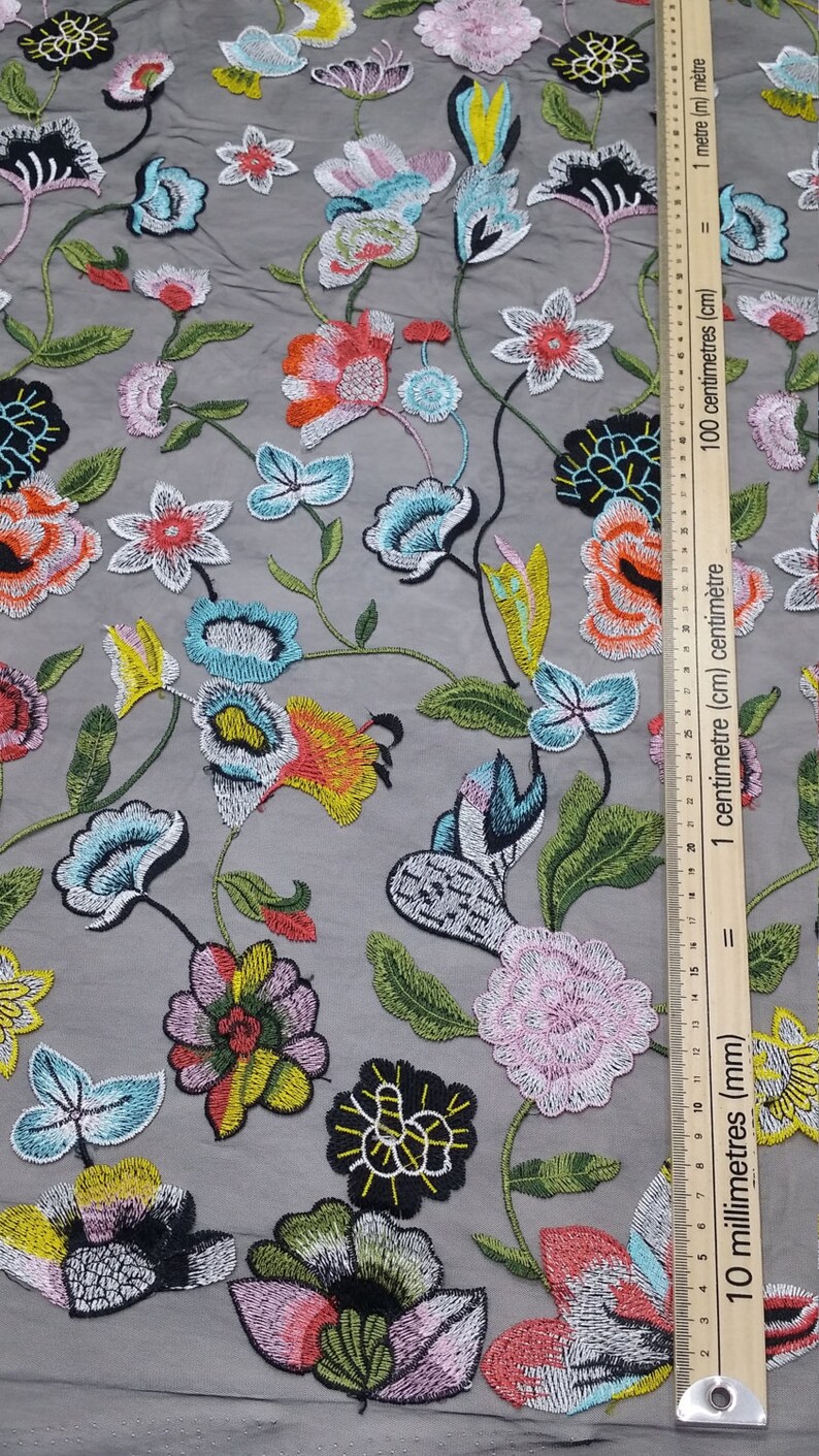 Black lace fabric with multicolor flowers Embroidered lace Etsy