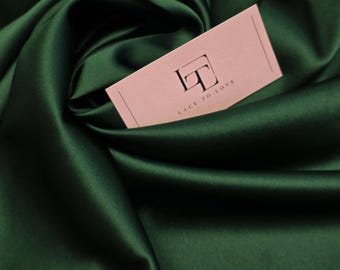 Green stretch silk satin fabric by the yard. Natural elastic dark green silk satin material. Deep forest green real stretch silk, SK1015