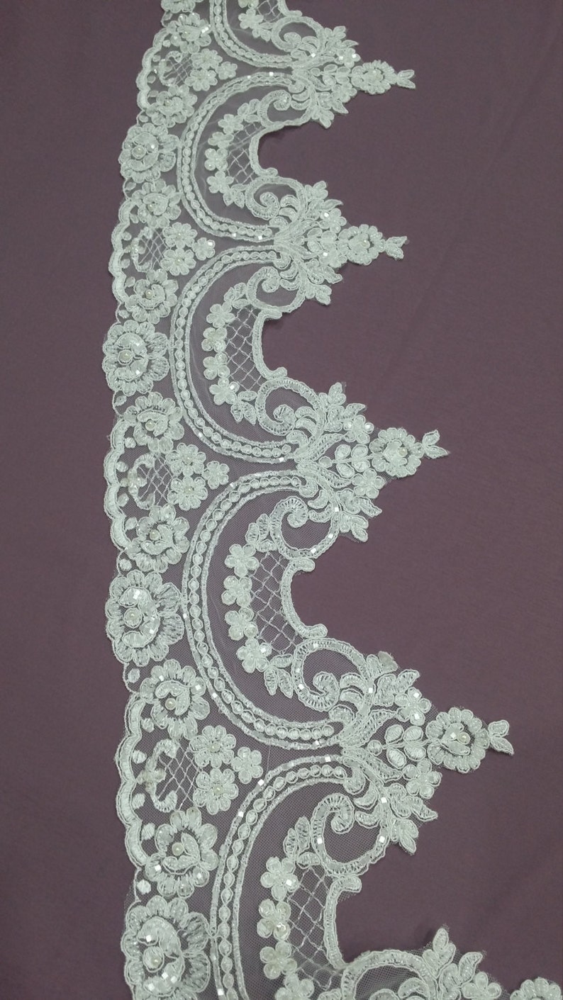 French lace trim Chantilly lace Bridal lace Pearl lace Beaded ivory lace trimming White lace L1129-2 Wedding lace Sequin lace trim