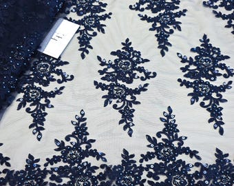 Navy blue lace fabric, beaded dark blue French lace, 123cm (48 inches) wide