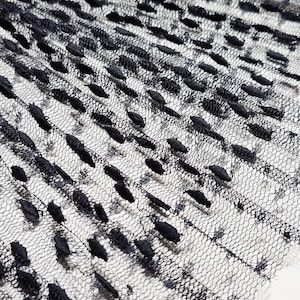 May include: Black lace fabric with a textured pattern of small, raised dots. The fabric is sheer and delicate.