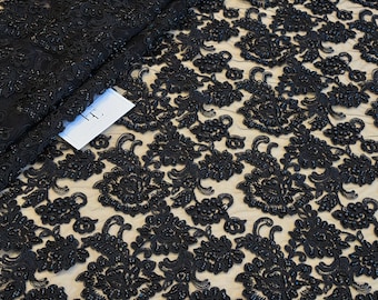 Black beaded lace fabric, Sequin lace, Beaded French lace, Alencon lace, Bridal lace, Wedding lace, Embroidered lace Floral lace EVS067CB