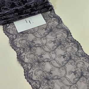 Adorno de encaje Chantilly francés negro con gris cortado a medida, cinta decorativa de encaje negro, delicado adorno de encaje de mercería negro, LL1091