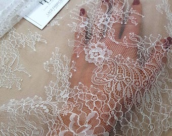 Off white lace fabric, Chantilly French lace material, bridal wedding veil lace cloth, scalloped eyelash lace, lingerie lace, WD6002