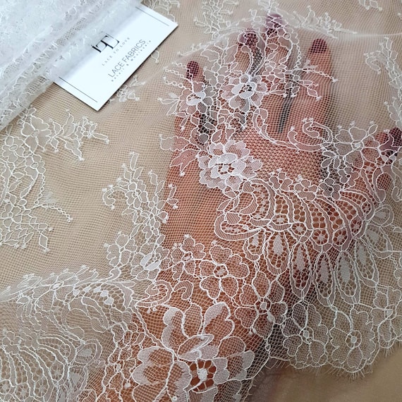Off white lace fabric, Chantilly French lace material, bridal wedding veil lace cloth, scalloped eyelash lace, lingerie lace, WD6002