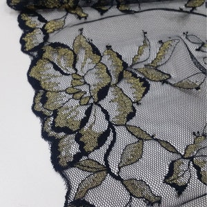 Renda Chantilly francesa preta dourada, vendida por metro, renda nupcial recortada, renda floral, renda lingerie J46641