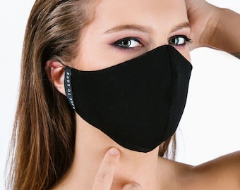 Elegant Black face mask with soft cotton lining. Double layer face mask. Washable and reusable cloth face mask with two fabric layers