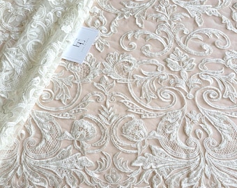 Ivory Lace fabric by the yard, French Lace, Alencon Lace, Bridal lace, Wedding Lace Garter lace Pearl lace Sequin Lace, Beaded lace EVS164CB