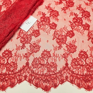 Tecido de renda vermelha com cordão, renda Chantilly francesa, renda para casamento nupcial, renda para véu recortado, renda para cílios florais, vendido por metro, EVS189C