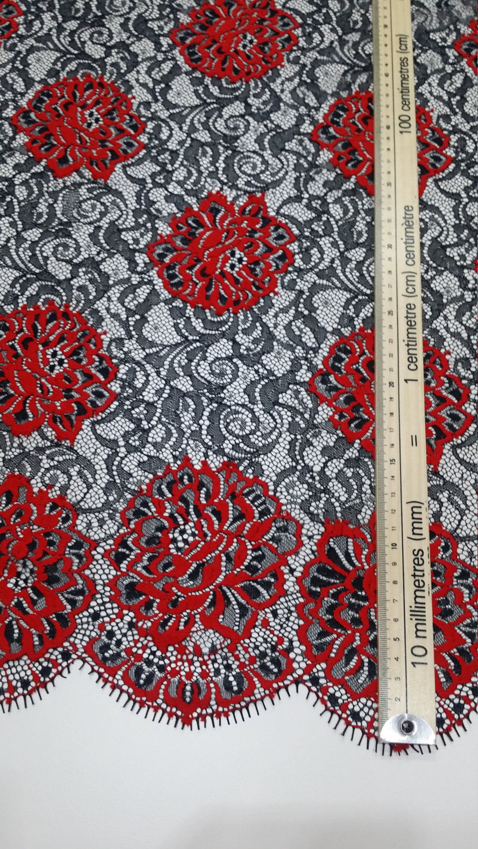 Black with red lace fabric Chantilly lace French lace | Etsy